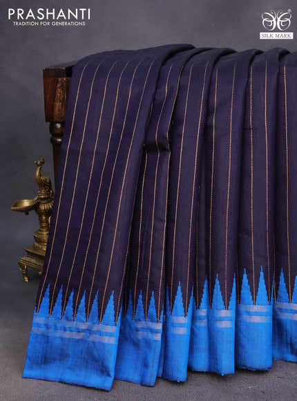 Pure dupion silk saree dark blue and cs blue with allover zari weaves and temple design zari woven simple border