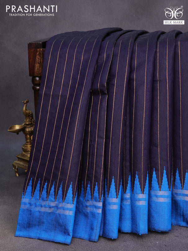 Pure dupion silk saree dark blue and cs blue with allover zari weaves and temple design zari woven simple border