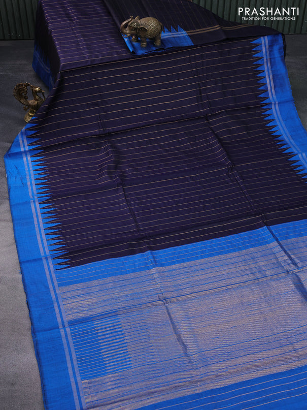 Pure dupion silk saree dark blue and cs blue with allover zari weaves and temple design zari woven simple border