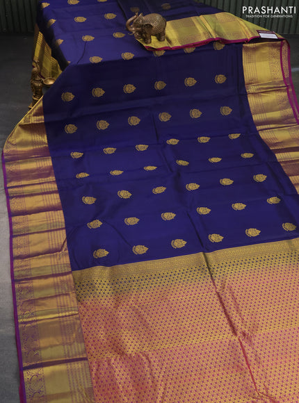 Pure kanchipuram silk saree dark blue and dual shade of purple with zari woven buttas and zari woven border