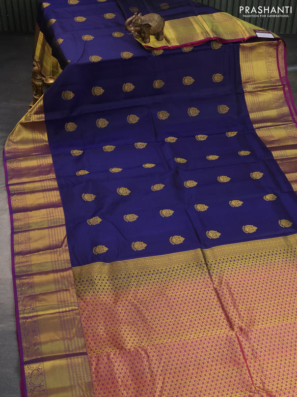 Pure kanchipuram silk saree dark blue and dual shade of purple with zari woven buttas and zari woven border