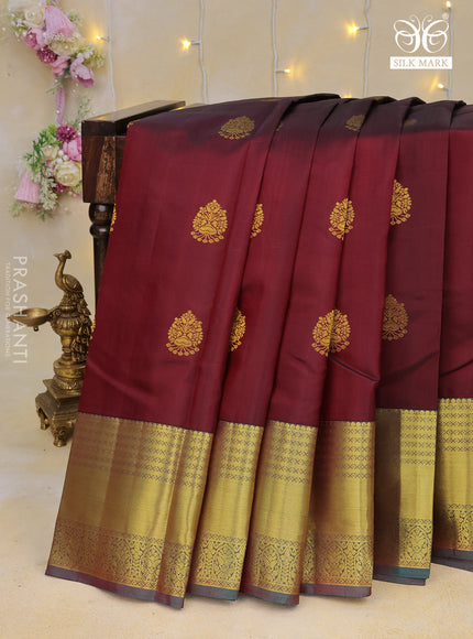 Pure kanchipuram silk saree deep maroon and dual shade of teal green with zari woven buttas and zari woven border