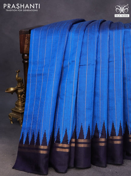 Pure dupion silk saree cs blue and dark blue with allover zari weaves and temple design zari woven simple border