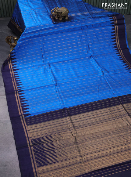 Pure dupion silk saree cs blue and dark blue with allover zari weaves and temple design zari woven simple border