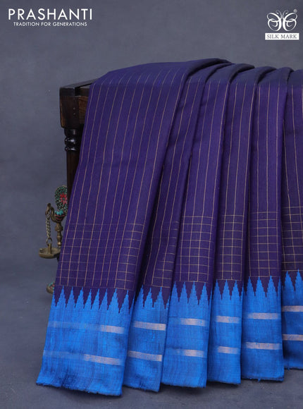 Pure dupion silk saree navy blue and cs blue with allover zari stripe pattern and temple design rettapet zari woven border