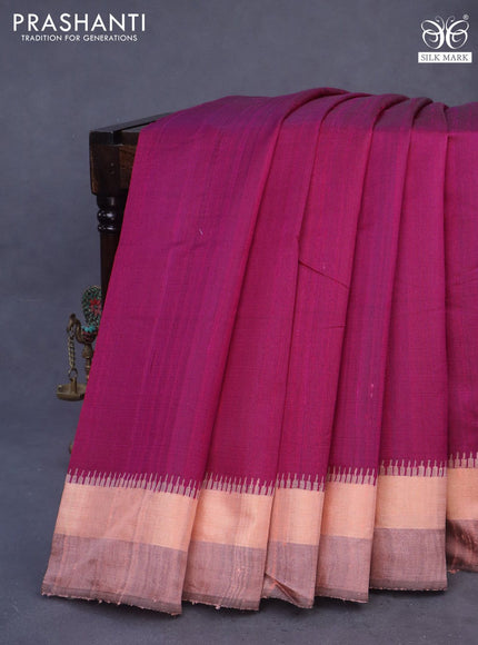 Pure dupion silk saree pink and pastel peach with plain body and ikat woven pallu