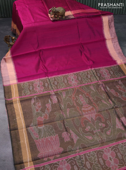 Pure dupion silk saree pink and pastel peach with plain body and ikat woven pallu