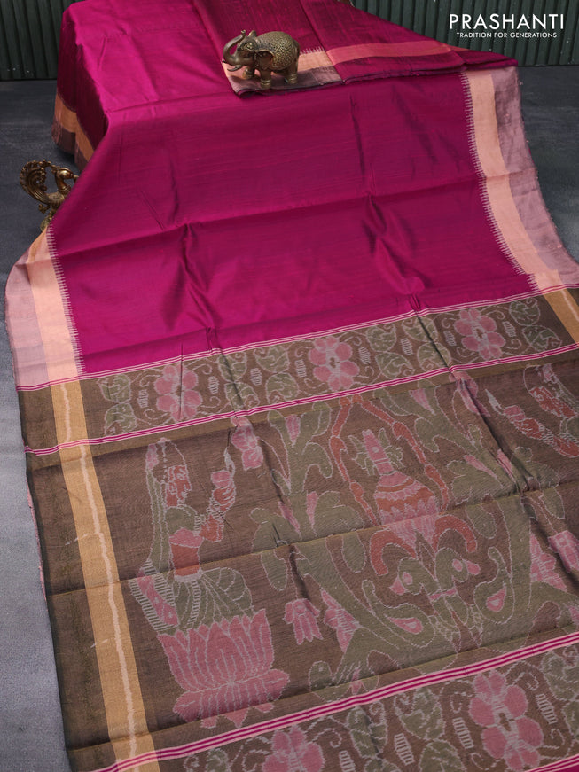 Pure dupion silk saree pink and pastel peach with plain body and ikat woven pallu