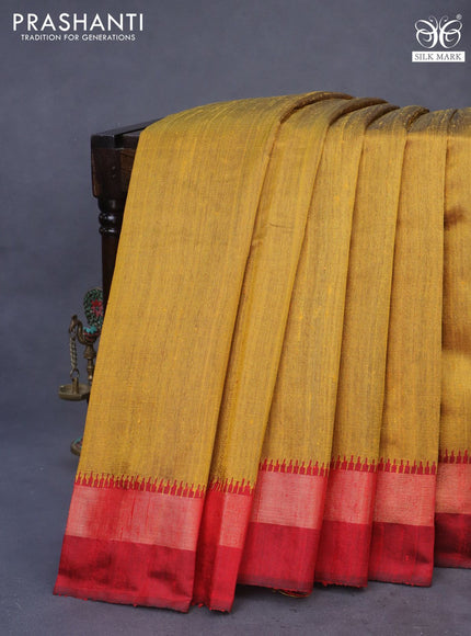 Pure dupion silk saree dark mustard and red with plain body and ikat woven pallu