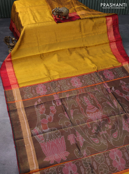 Pure dupion silk saree dark mustard and red with plain body and ikat woven pallu