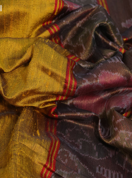 Pure dupion silk saree dark mustard and red with plain body and ikat woven pallu