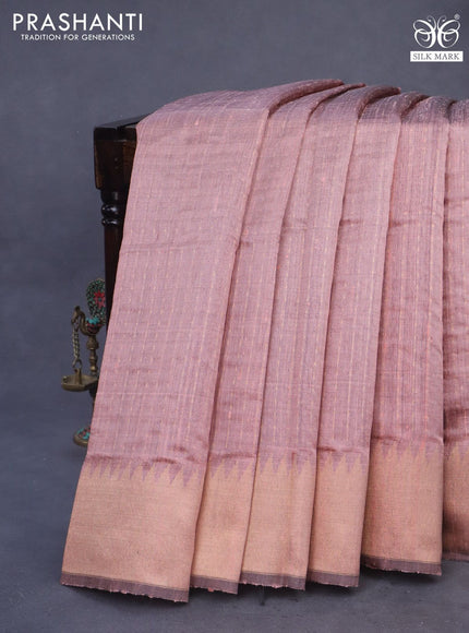 Pure dupion silk saree pastel peach with allover zari weaves and temple design zari woven border