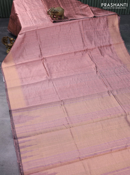 Pure dupion silk saree pastel peach with allover zari weaves and temple design zari woven border