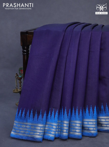 Pure dupion silk saree dark blue and cs blue with plain body and temple design zari woven border