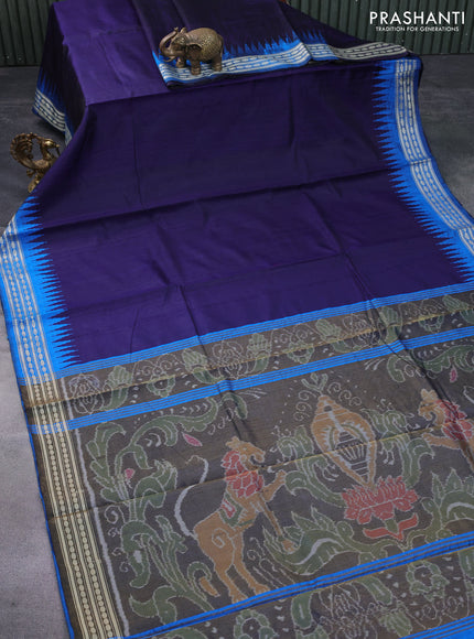 Pure dupion silk saree dark blue and cs blue with plain body and temple design zari woven border