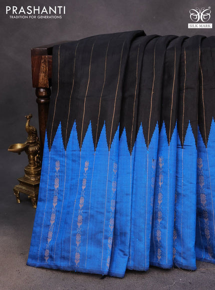 Pure dupion silk saree black and cs blue with zari weaves and temple design zari woven border