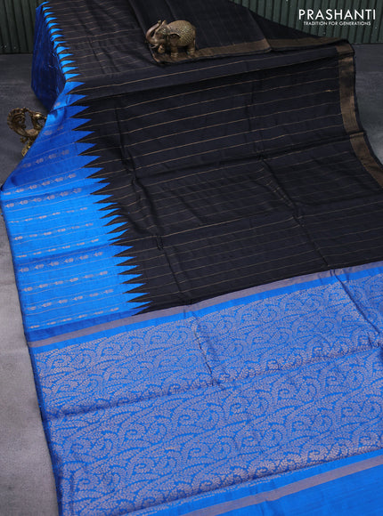 Pure dupion silk saree black and cs blue with zari weaves and temple design zari woven border