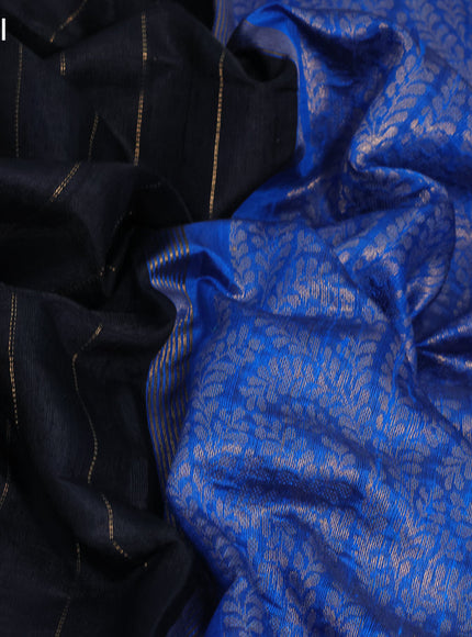 Pure dupion silk saree black and cs blue with zari weaves and temple design zari woven border