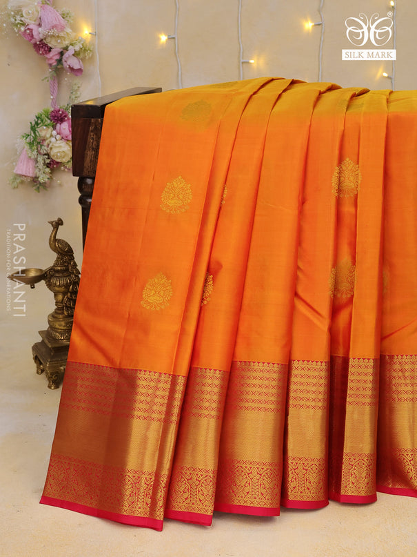 Pure kanchipuram silk saree dual shade of mustard and pink with zari woven buttas and zari woven border