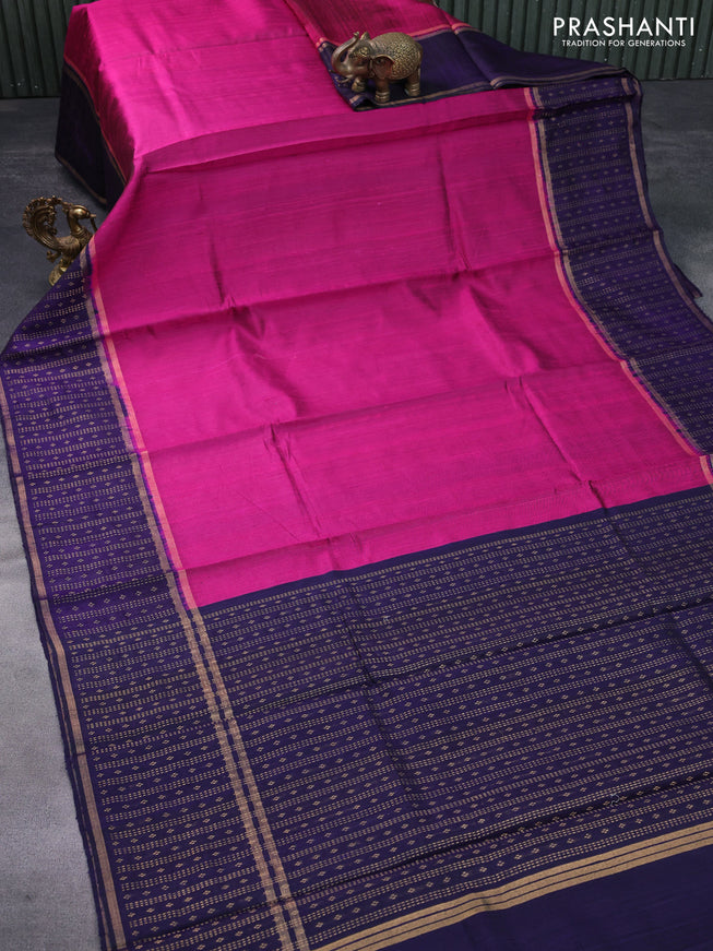 Pure dupion silk saree pink and deep violet with plain body and zari woven border