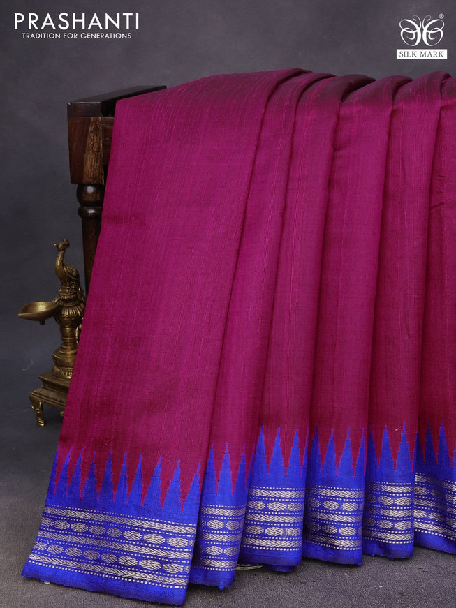 Pure dupion silk saree pink and blue with plain body and ikat woven pallu