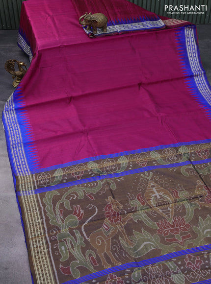 Pure dupion silk saree pink and blue with plain body and ikat woven pallu