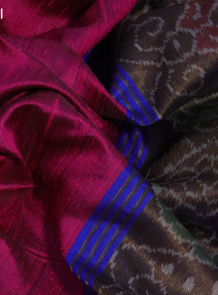 Pure dupion silk saree pink and blue with plain body and ikat woven pallu