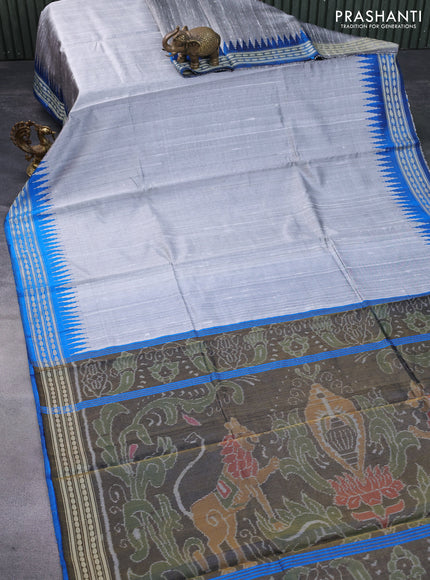 Pure dupion silk saree pastel grey and cs blue with plain body and ikat woven pallu