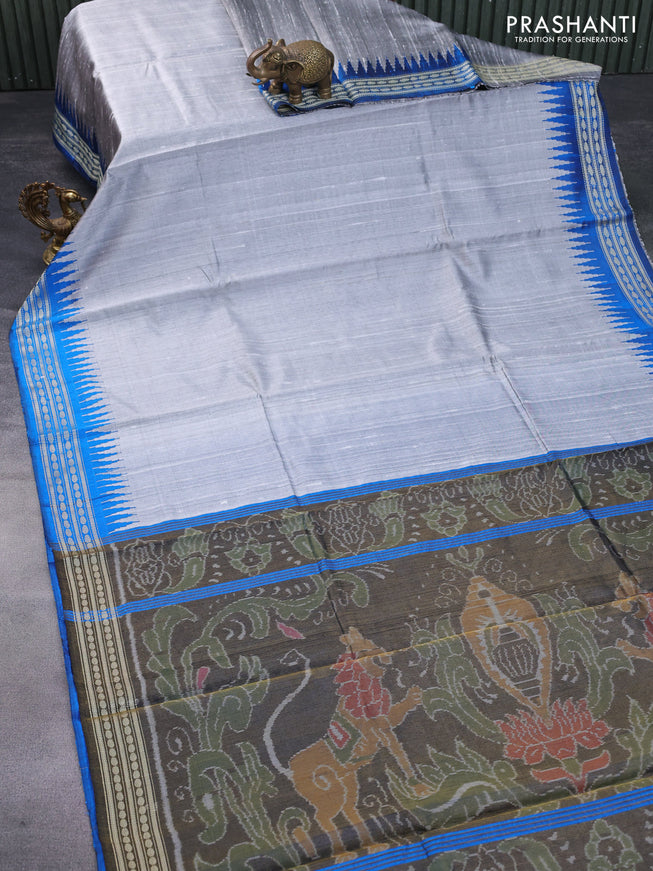 Pure dupion silk saree pastel grey and cs blue with plain body and ikat woven pallu