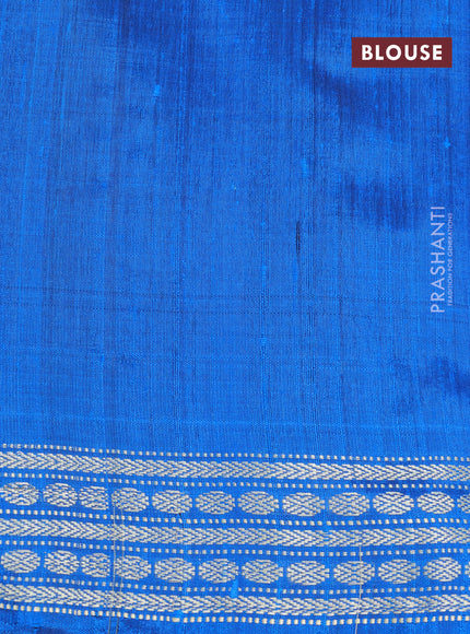 Pure dupion silk saree pastel grey and cs blue with plain body and ikat woven pallu