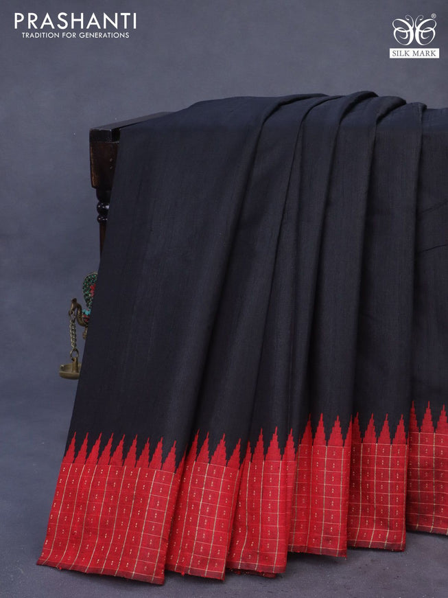 Pure dupion silk saree black and red with plain body and temple design zari checked border