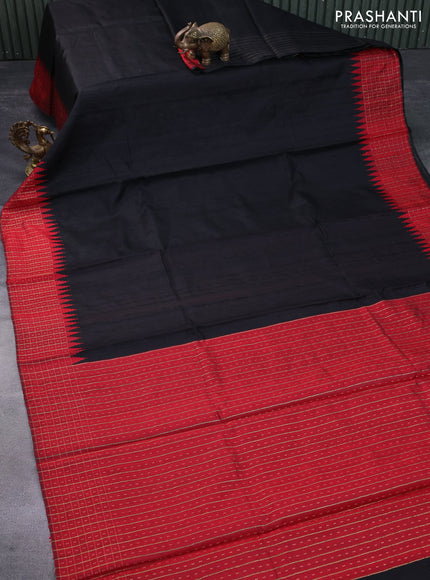 Pure dupion silk saree black and red with plain body and temple design zari checked border