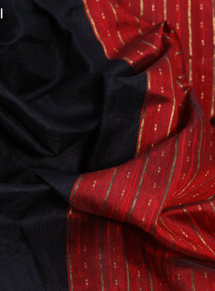 Pure dupion silk saree black and red with plain body and temple design zari checked border