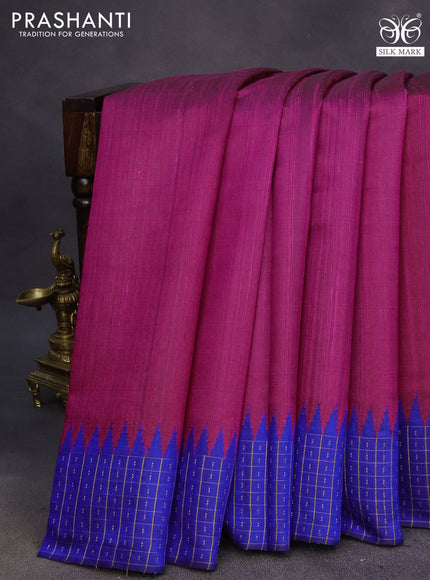 Pure dupion silk saree pink and blue with plain body and temple design zari checked border