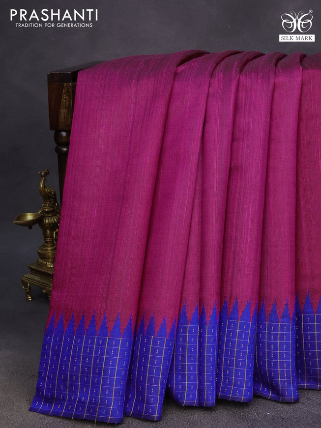 Pure dupion silk saree pink and blue with plain body and temple design zari checked border