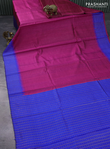 Pure dupion silk saree pink and blue with plain body and temple design zari checked border