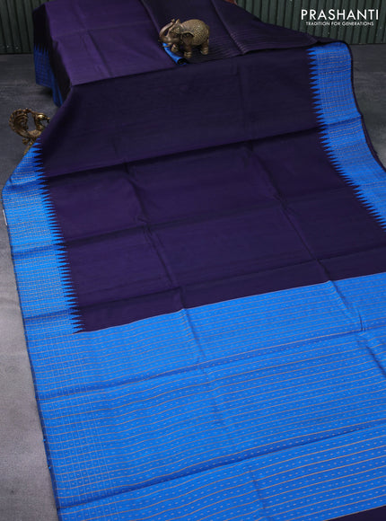 Pure dupion silk saree dark blue and cs blue with plain body and temple design zari checked border