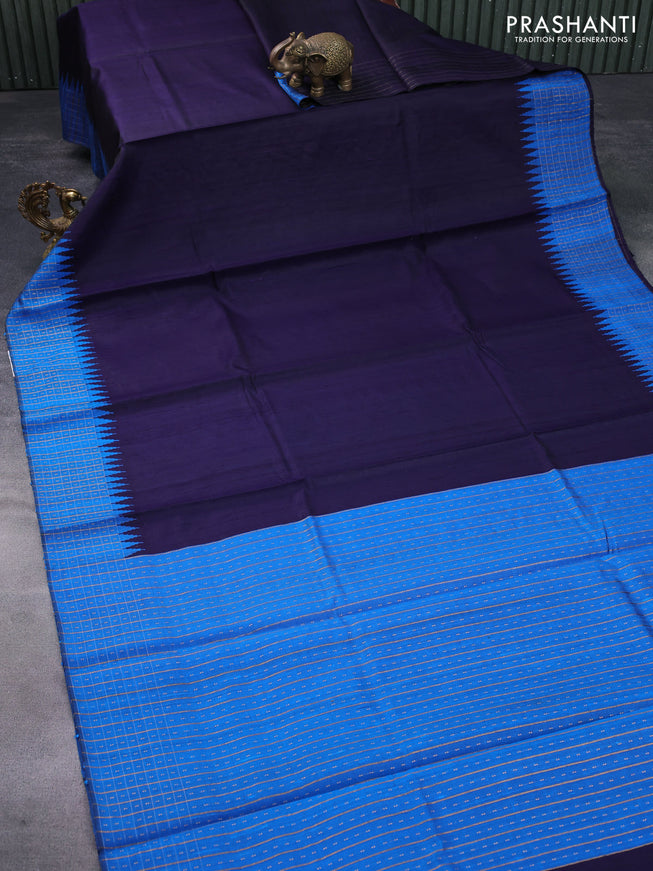 Pure dupion silk saree dark blue and cs blue with plain body and temple design zari checked border