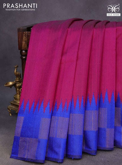 Pure dupion silk saree pink and blue with plain body and temple design zari woven border