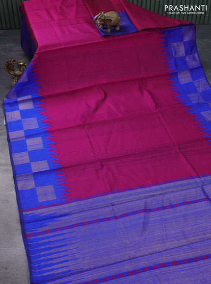 Pure dupion silk saree pink and blue with plain body and temple design zari woven border