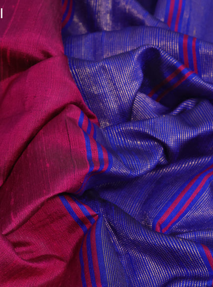 Pure dupion silk saree pink and blue with plain body and temple design zari woven border