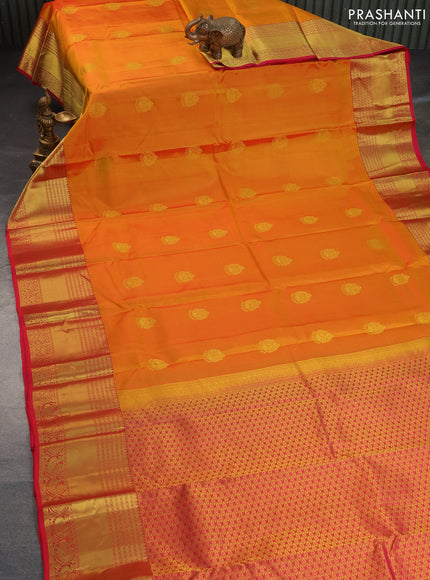 Pure kanchipuram silk saree dual shade of mustard and pink with zari woven buttas and zari woven border