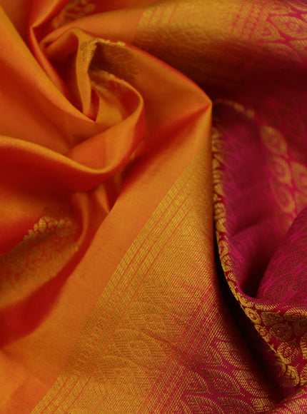 Pure kanchipuram silk saree dual shade of mustard and pink with zari woven buttas and zari woven border