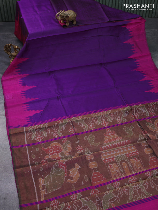 Pure dupion silk saree deep purple and pink with plain body and temple woven border