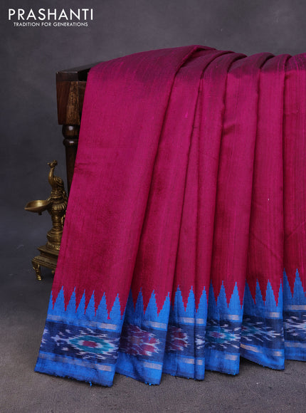 Pure dupion silk saree pink and cs blue with plain body and temple design ikat zari woven border