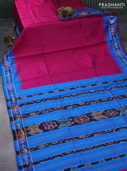 Pure dupion silk saree pink and cs blue with plain body and temple design ikat zari woven border