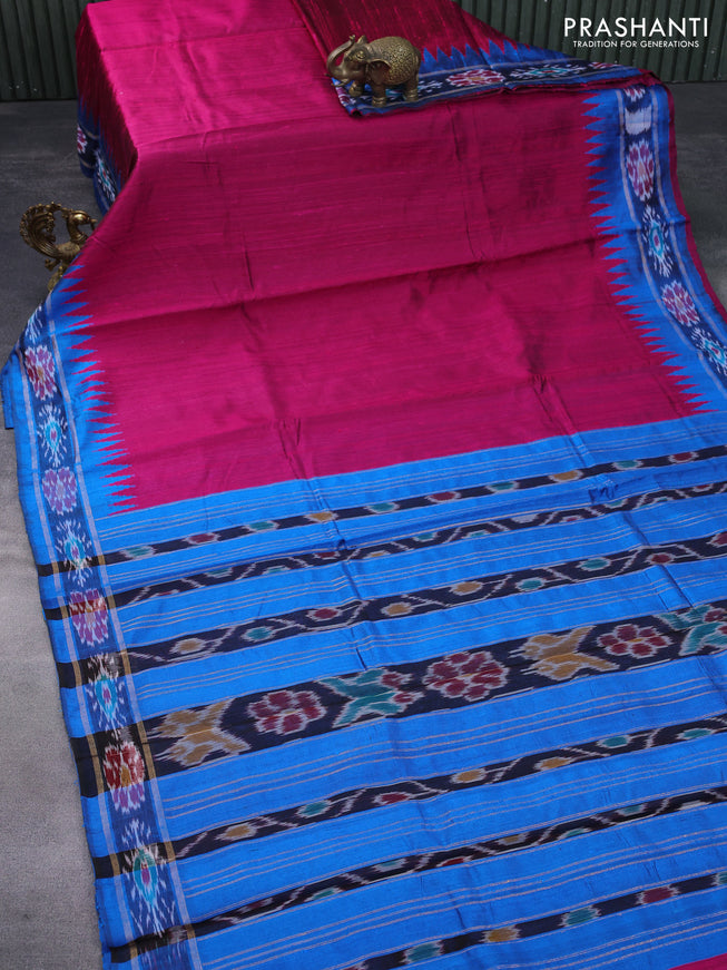 Pure dupion silk saree pink and cs blue with plain body and temple design ikat zari woven border