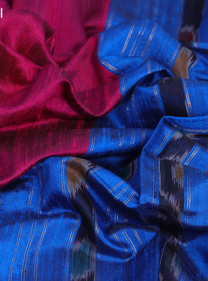 Pure dupion silk saree pink and cs blue with plain body and temple design ikat zari woven border