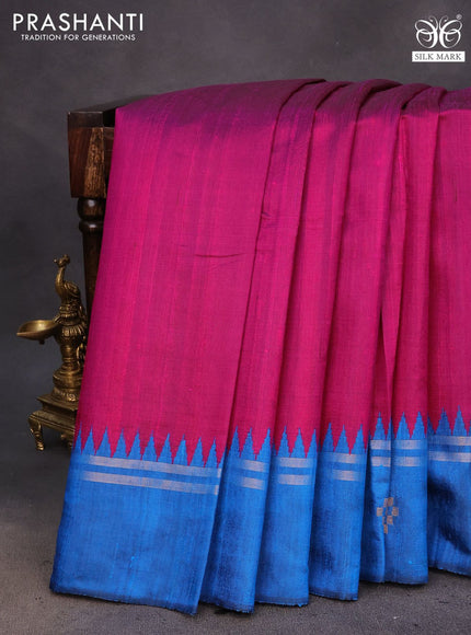 Pure dupion silk saree pink and cs blue with plain body and temple design zari woven butta border