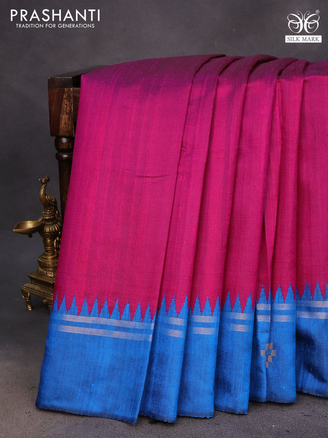 Pure dupion silk saree pink and cs blue with plain body and temple design zari woven butta border